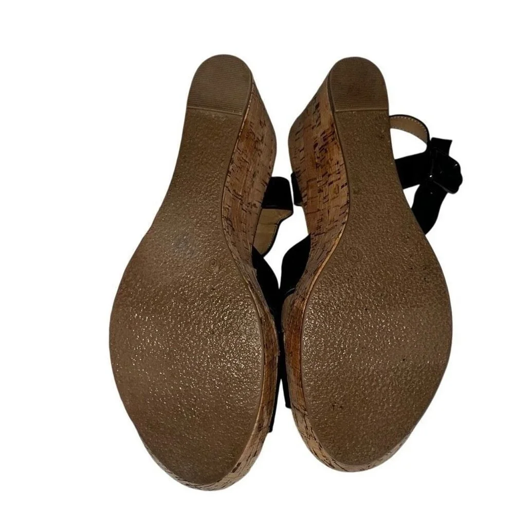 Pesaro Elle Black Faux Suede Cork Wedge‎ Sandals Perforated Strappy Size 8